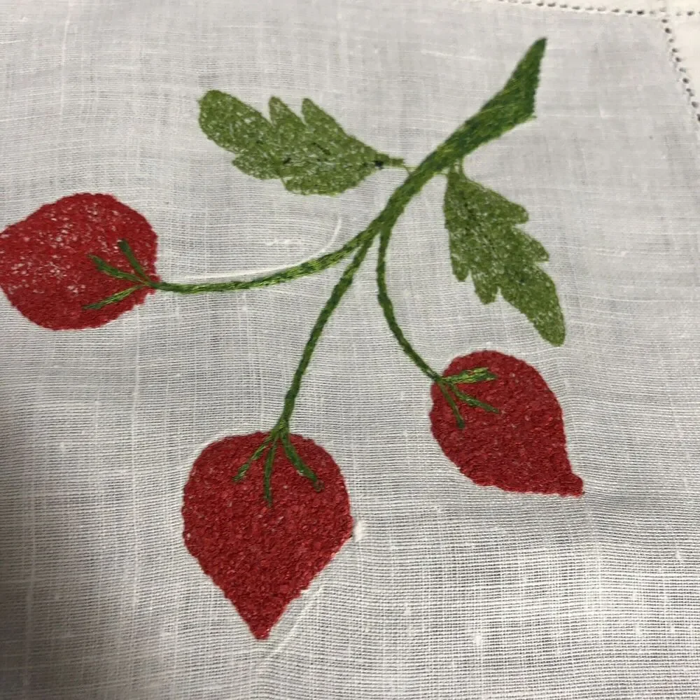 Vintage Small Table Topper Linens Square Purple Grapes Red Flowers Crochet Edge